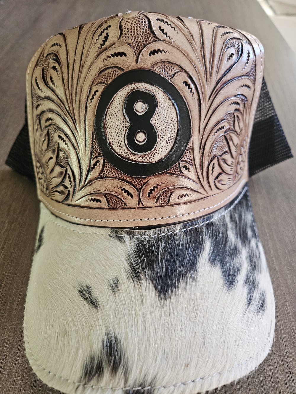 Western Tooled Leather & Cowhide Cap with  8-Ball Accent - Tan and White-NWOT - Picture 3 of 4